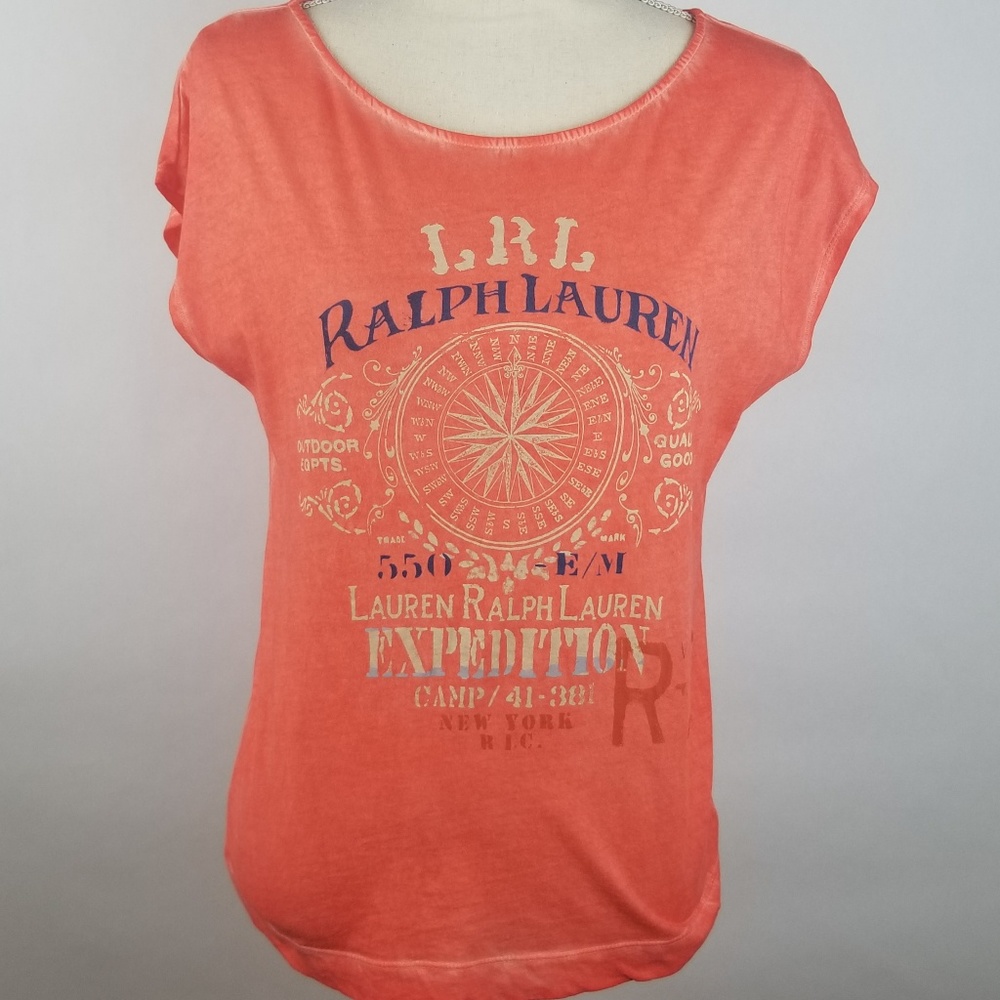 Ralph Lauren Top Orange w Blu/gold letters Sz S